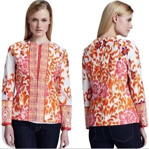 Indikka Lined 100% Cotton Floral Ikat Blazer Lightweight Jacket Orange Large